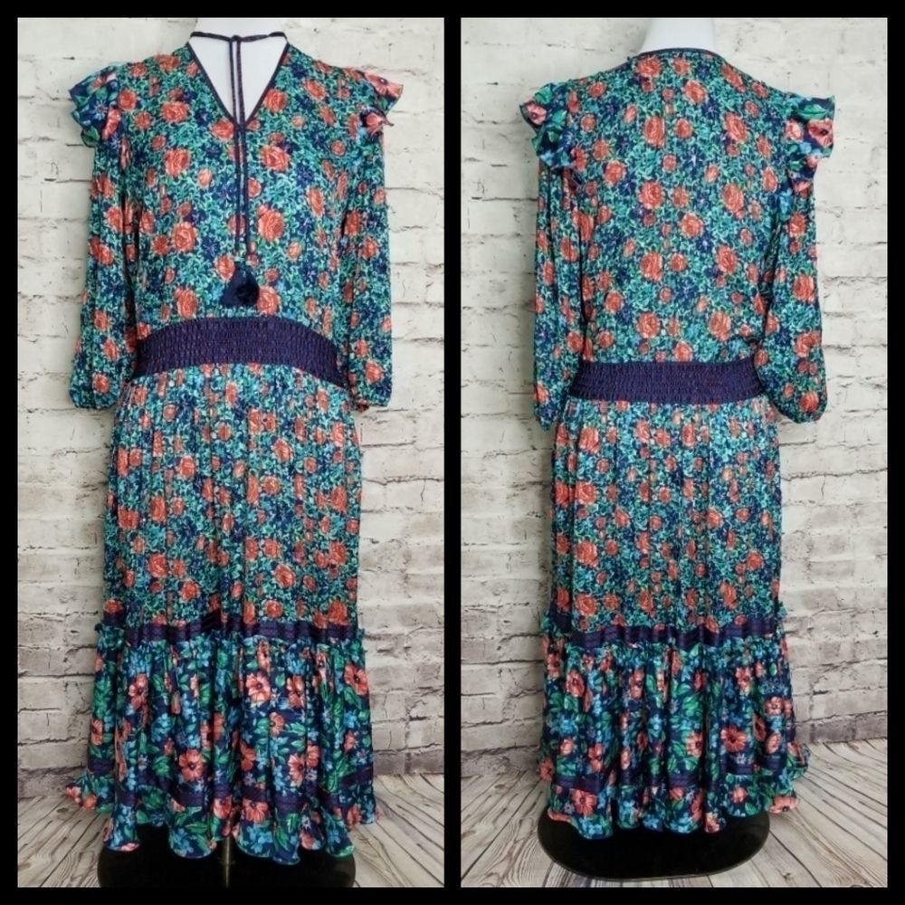Vintage 80s Diane Freis Georgette Floral Beaded Gypsy Boho‎ Midi Dress